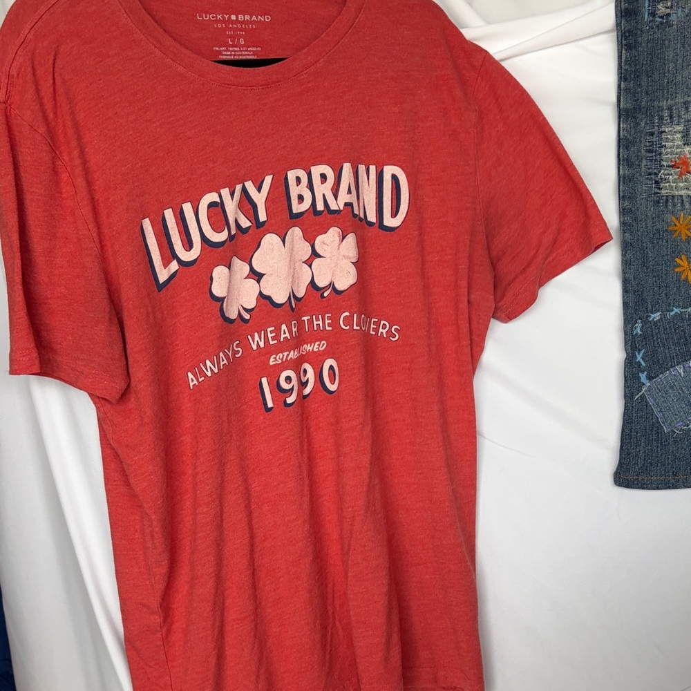Lucky Brand Coral-Red Graphic Tee with Clover Print
